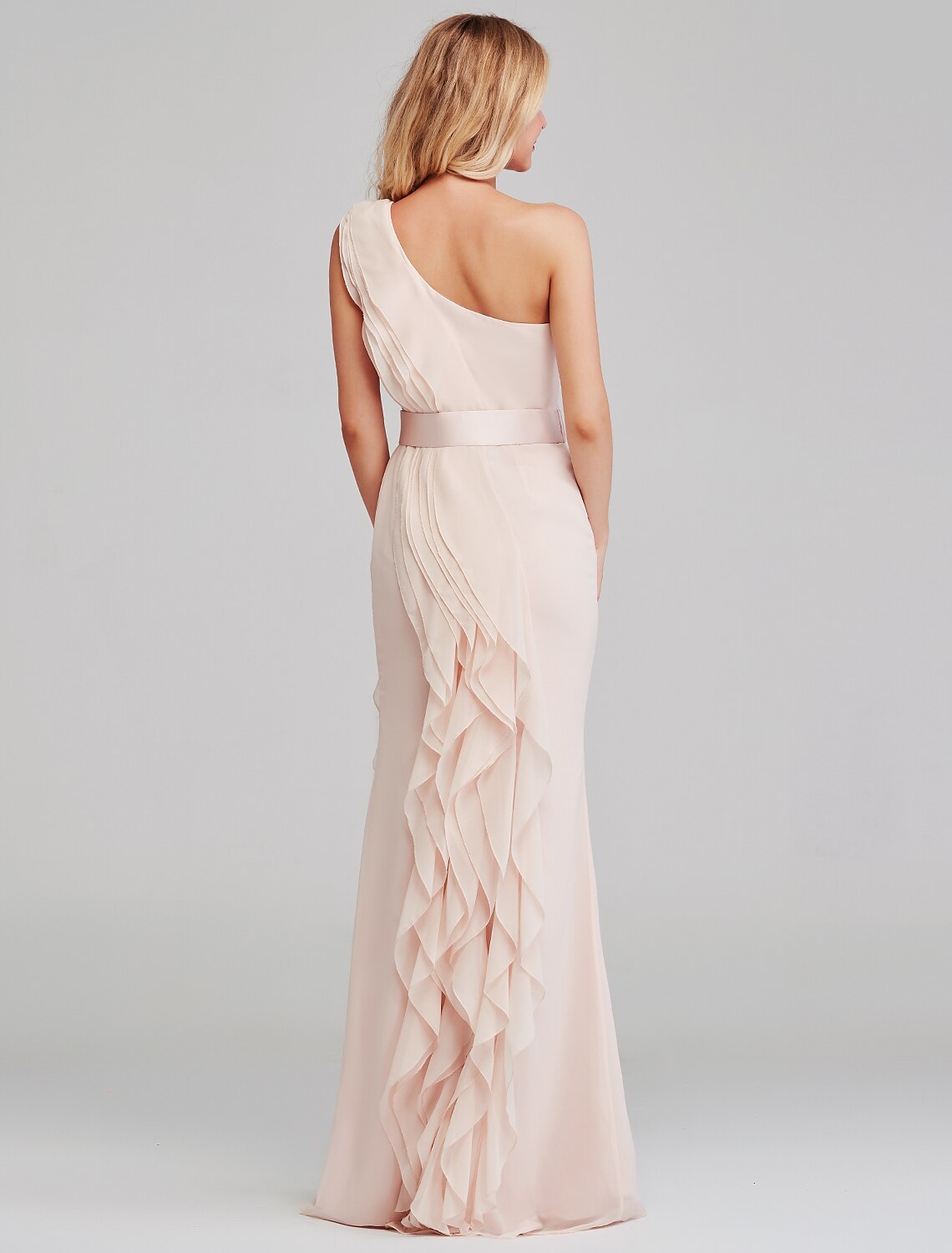 Wholesale Sheath / Column Bridesmaid Dress One Shoulder Sleeveless Elegant Long Length Chiffon with Cascading Ruffles